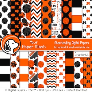 Pacote de papel digital sem costura laranja preto líder de torcida, fundos de papel para scrapbooking de equipe de torcida, padrões de líder de torcida pequeno uso comercial