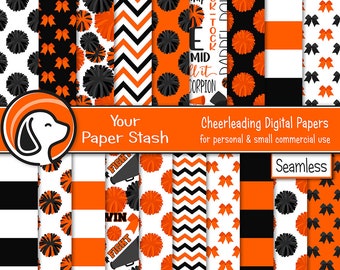 Orange Black Cheerleader Seamless Digital Paper Pack, Cheer Team Scrapbooking Paper Backgrounds, Cheerleading Patterns Small Commercial Use
