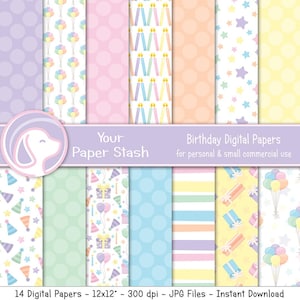 1st Birthday Digital Papers & Scrapbook Backgrounds, Baby Girl or Baby Boy Scrapbooking Pages, Balloon Backgrounds, Star Digital Paper