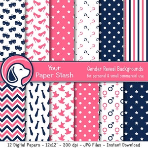 Sfondi di carta digitale per rivelare il genere con tacchi o ruote, cravatta o tutù, ragazzo o ragazza, carta per scrapbooking per baby shower