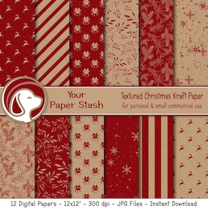 Papiers kraft numériques de Noël rustiques avec grelots, rennes, flocons de neige, rayures et fleuri, papiers de scrapbooking bordeaux