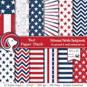 8.5x11&quot; Printable Patriotic Digital Papers for 4th of July Memorial Day and Veterans Day, Stars and Stripes Digital Stationery Paper