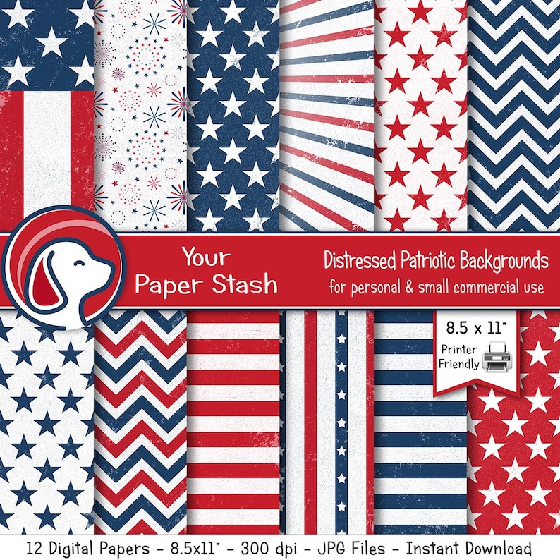 Distressed patriotic digital paper pack featuring red, white, and blue stars, stripes, chevrons, fireworks, and vintage-style textures in 8.5x11" 300dpi JPG backgrounds for scrapbooking, crafts, party décor, and Fourth of July printables.