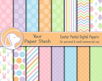 Spring & Easter Pastel Digital Paper Pack With Easter Bunny and Spring Designs, Rainbow Stripes Polka Dots Chevrons, Commercial Use