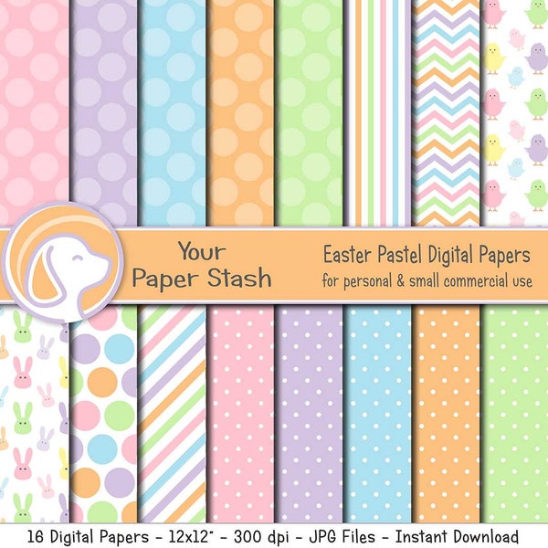 Spring & Easter Pastel Digital Paper Pack With Easter Bunny and Spring Designs, Rainbow Stripes Polka Dots Chevrons, Commercial Use