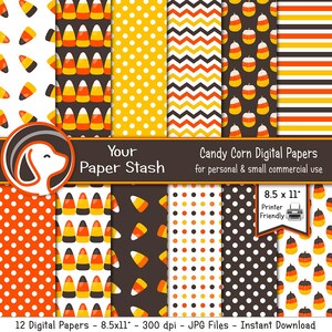 Könnte beinhalten: Zwölf digitale Papiere mit Candy-Corn-Mustern in Orange, Gelb und Weiß. Die Muster umfassen Punkte, Streifen, Zickzack und Candy Corn auf braunem Hintergrund. Die Papiere sind 8,5 Zoll mal 11 Zoll groß und haben 300 dpi. Der Text "Your Paper Stash" und "Candy Corn Digital Papers" ist im Bild enthalten.