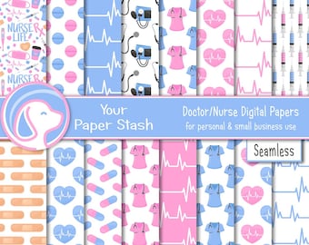 Doctor Nurse Digital Scrapbook Papers, Nurse Life Heartbeat EKG Medical Background Patterns for Scrapbooking and Sublimation Projects