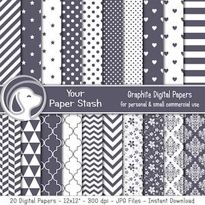 Paquet de papier de scrapbooking numérique gris foncé, papier de scrapbooking gris chevrons rayures à pois étoiles, papier de scrapbooking pour homme femme usage commercial