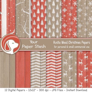 Rustic Christmas Digital Papers Wood Farmhouse Backgrounds Holiday Scrapbook Paper w/ Snowflakes Christmas Trees & Reindeer