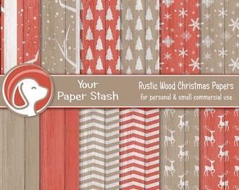 Rustikales rotes Weihnachtspapier (digital), Rentier- und Schneeflocken-Hintergründe im Landhausstil, weihnachtliches Scrapbook-Papier-Set
