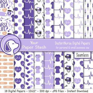 Naadloze paarse verpleegkundige digitale papieren, verpleegsterleven hartslag ECG medische achtergrondpatronen voor scrapbooking- en sublimatieprojecten