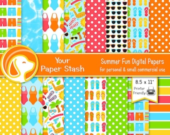 Sommer Spaß Digitales Papier | Pool Party Scrapbook Papier, 8.5x11