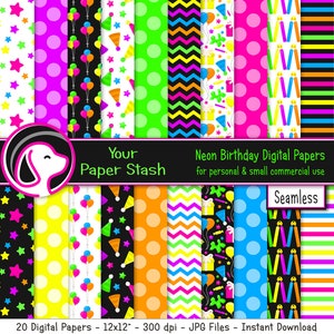 May include: 20 digital papers with neon birthday themes. The papers feature patterns of stars, polka dots, balloons, party hats, presents, candles, and stripes in bright colors like pink, green, yellow, blue, and orange on a black background. The papers are 12 inches by 12 inches and 300 dpi.
