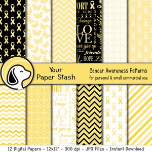 Gelbe Kinder Krebs Bewusstsein Digitale Papiere Hintergründe, Gelbe Hoffnung Bänder & Schmetterling Scrapbook Papier, Download Kommerzielle Nutzung