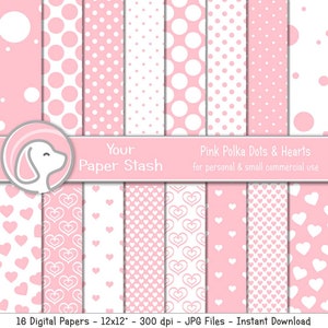 Carta per scrapbooking digitale con pois rosa e cuori, carta digitale per bambina rosa, carta digitale per matrimonio Blush, download per uso commerciale