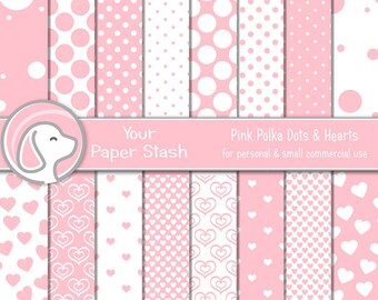 Pink Polka Dot And Heart Digital Scrapbook Papers, Pink Baby Girl Digital Papers, Blush Wedding Digital Papers, Commercial Use Download