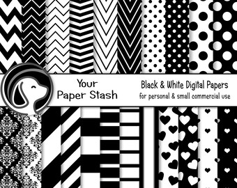 May include: A collection of 22 black and white digital papers with various patterns, including chevrons, polka dots, and hearts. The text reads "Your Paper Stash" and "Black & White Digital Papers for personal & small commercial use."