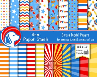 8.5x11" Circus & Carnival Themed Birthday Digital Scrapbook Papers, Big Top Circus Tent Backgrounds w/ Balloons and Popcorn, Commercial Use