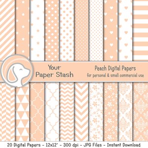 Peach Digital Scrapbook Paper for Spring and Summer Birthdays and Weddings, Pastel Digital Backgrounds with Flowers Hearts & Stripe Designs