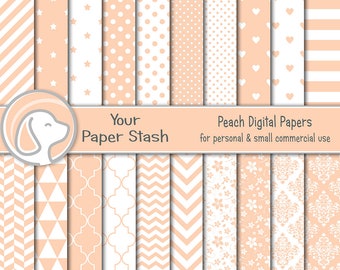 Peach Digital Scrapbook Paper for Spring and Summer Birthdays and Weddings, Pastel Digital Backgrounds with Flowers Hearts & Stripe Designs