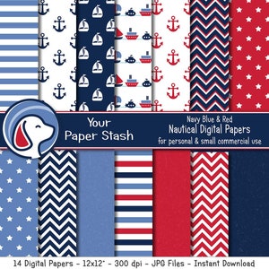 Maritime Scrapbook-Papiere mit roten und blauen Chevrons und Streifen, digitale Papiere für kommerzielle Nutzung