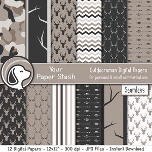 Hunting Digital Scrapbook Papers, Estampado de camuflaje sin costuras Patrón de rayana de flecha de ciervo, Paquete de papel digital masculino Descarga instantánea