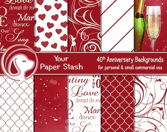 40. Rubin rot Hochzeit Jahrestag Digital Scrapbook Paper Pack Hintergründe, romantische digitale Papiere, kommerzielle Nutzung Instant Download