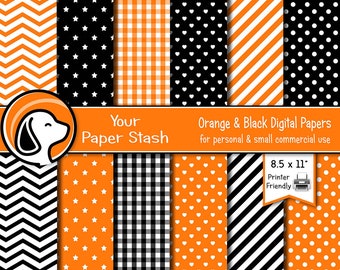 Pacchetto di carte digitali per Halloween, sfondi stampabili arancioni e neri, righe, pois e quadretti, formato 8,5x11 (download).