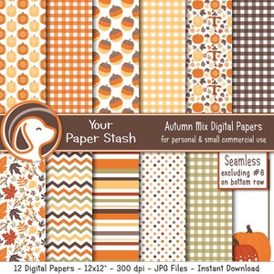 Autumn Digital Paper Pack, Pumpkin Scarecrow Autumn Leaves Scrapbook Paper Backgrounds, Thanksgiving Digital Paper, Commercial Use / PS101