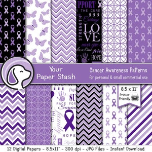 Purple Awareness Digital Papers & Backgrounds for Cancer Alzheimer’s and ADD Awareness Projects, Printable 8.5x11&quot; Purple Ribbon Paper