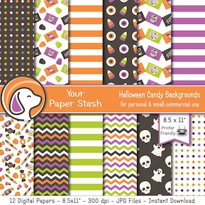 Kid&#39;s Halloween Candy Digital Scrapbook Papers, Halloween Candy Ghosts and Skull Digital Backgrounds, Commercial Use Instant Download