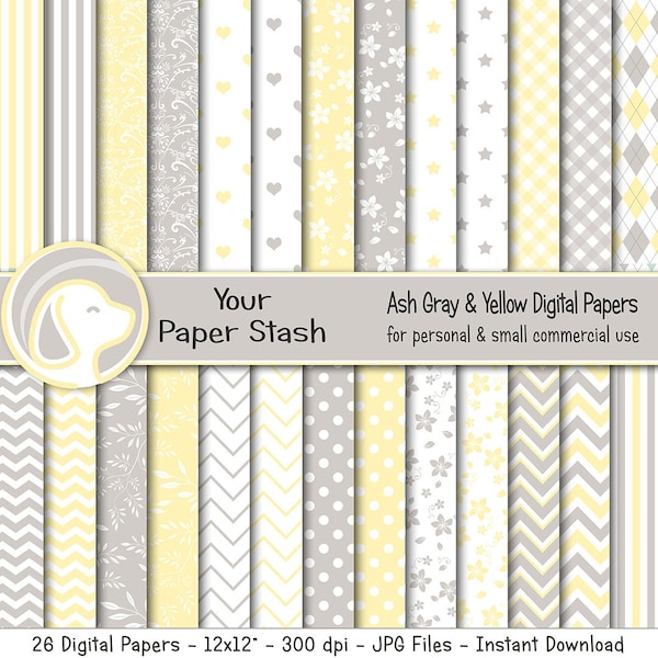 Yellow & Gray Digital Scrapbook Papers With Polka Dots Chevrons And Floral Patterns, Soft Pastel Scrapbooking Pages for Baby Showers