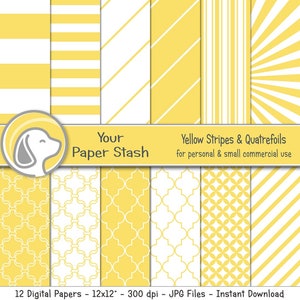Paquet de papier numérique à rayures jaunes pour les vacances d'anniversaire et les pages de scrapbooking d'été, à larges rayures soleil et motifs quadrilobe à usage commercial