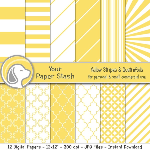 Yellow Stripe Digital Paper Pack for Birthday Vacation & Summer Scrapbook Pages, Wide Stripe Sunburst and Quatrefoil Patterns Commercial Use