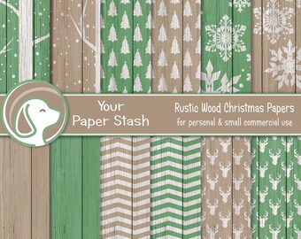 Digitales Weihnachtspapier in rustikalem Grün, Hintergründe mit Rentieren, Schneeflocken und Bäumen aus Holz, Bastelpapier für weihnachtliche Bastelarbeiten im Landhausstil