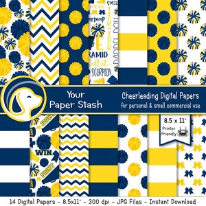 May include: 14 digital papers in a cheerleading theme. The papers feature a variety of patterns, including stripes, zigzags, pom-poms, and bows. The colours are navy blue and yellow. The papers are 8.5 inches by 11 inches and 300 dpi.