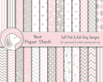 Pink & Gray Digital Paper Pack For Valentine's Day Wedding and Mother's Day Scrapbook Pages, Pink Floral Digital Scrapbooking