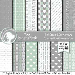 Mint Green & Gray Arrow Digital Paper Pack, Spring Arrow Tribal Digital Scrapbook Backgrounds, Baby Digital Papers Commercial Use
