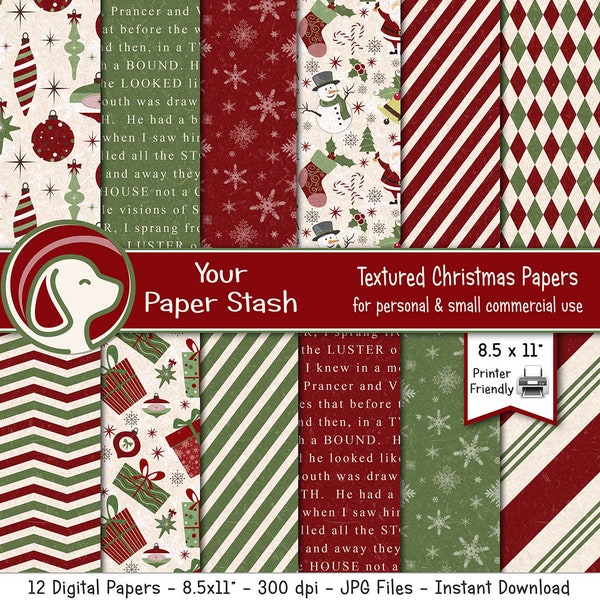 Textured Red & Green Christmas Ornament Digital Scrapbook Papers, 8.5x11 Printable Christmas Scrapbook Paper, Commercial Use Download