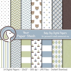 Baby Boy Digital Scrapbook Papers With Argyle Plaid Teddy Bears & Polka Dots, Gender Reveal And Baby Shower Scrapbook Papers Mint Green Blue
