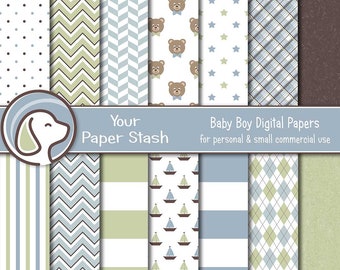 Baby digitale Scrapbook-Papiere mit karierten Teddybären und Polka Dots, Gender Reveal und Babyparty-Scrapbook-Papier, Mintgrün, Blau