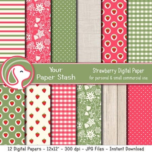 Strawberry Digital Paper Pack for Summer Scrapbook Pages Family Reunions & Picnics, Wood Texture Backgrounds, Gingham Paper, Commercial Use