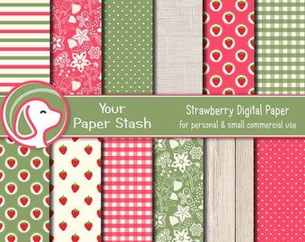 Strawberry Digital Paper Pack for Summer Scrapbook Pages Family Reunions & Picnics, Wood Texture Backgrounds, Gingham Paper, Commercial Use