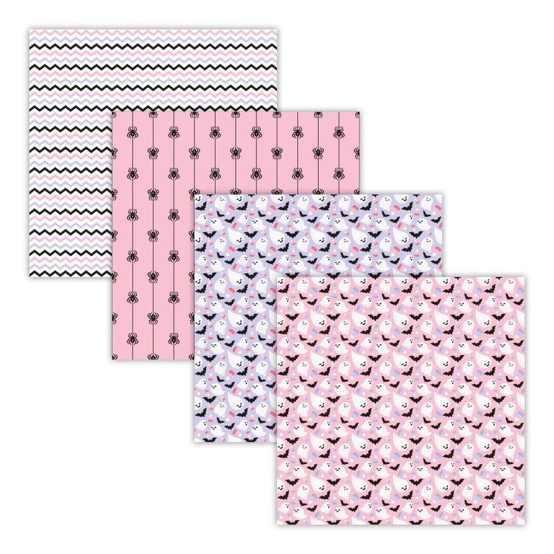 Pastel pink Halloween digital papers featuring friendly ghosts, bats, candy corn, spiders, spider webs, stripes, and chevrons in pink, lavender, black, and white.