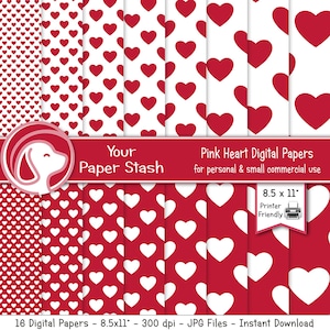 Druckbare digitale Papiere zum Valentinstag, Hintergründe mit rotem, romantischem Herz für digitales Scrapbook-Papier, für kleine Unternehmen / CM104