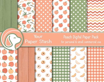 Nur Pfirsich Pfirsich Digital Paper Pack, Pfirsich Obst Scrapbook Papier Hintergrund Muster Holz Chevron Polka Dot Texturen, sofortiger Download