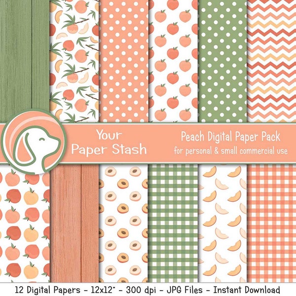 Just Peachy Peach Digital Paper Pack, Peach Fruit Scrapbook Paper Background Patterns Wood Chevron Polka Dot Textures, Instant Download