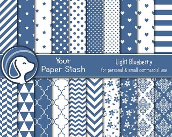 Blue Digital Scrapbook Papers with Stars Stripes Chevrons Polka Dots & Hearts, Blue Scrapbook Paper for Father's Day and 4th of July