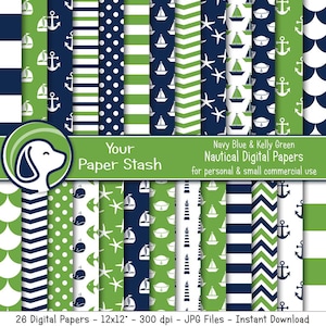 Maritime Digitale Papiere & Hintergründe in Marineblau und Kelly Green, Maritime Geburtstag Scrapbook Seiten mit Segelbooten Wale Seesterne