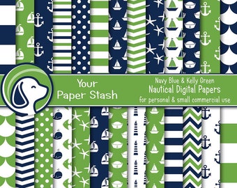 Nautical Themed Digital Papers & Backgrounds in Navy Blue and Kelly Green, Nautical Birthday Scrapbook Pages w/ Sail Boats Whales Starfish